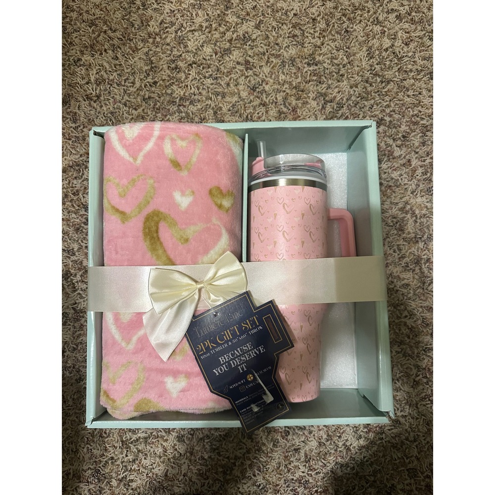 Lumiere Lane 2PK Gift Set 40oz Tumbler and 50x60 Throw Pink Gold Hearts New